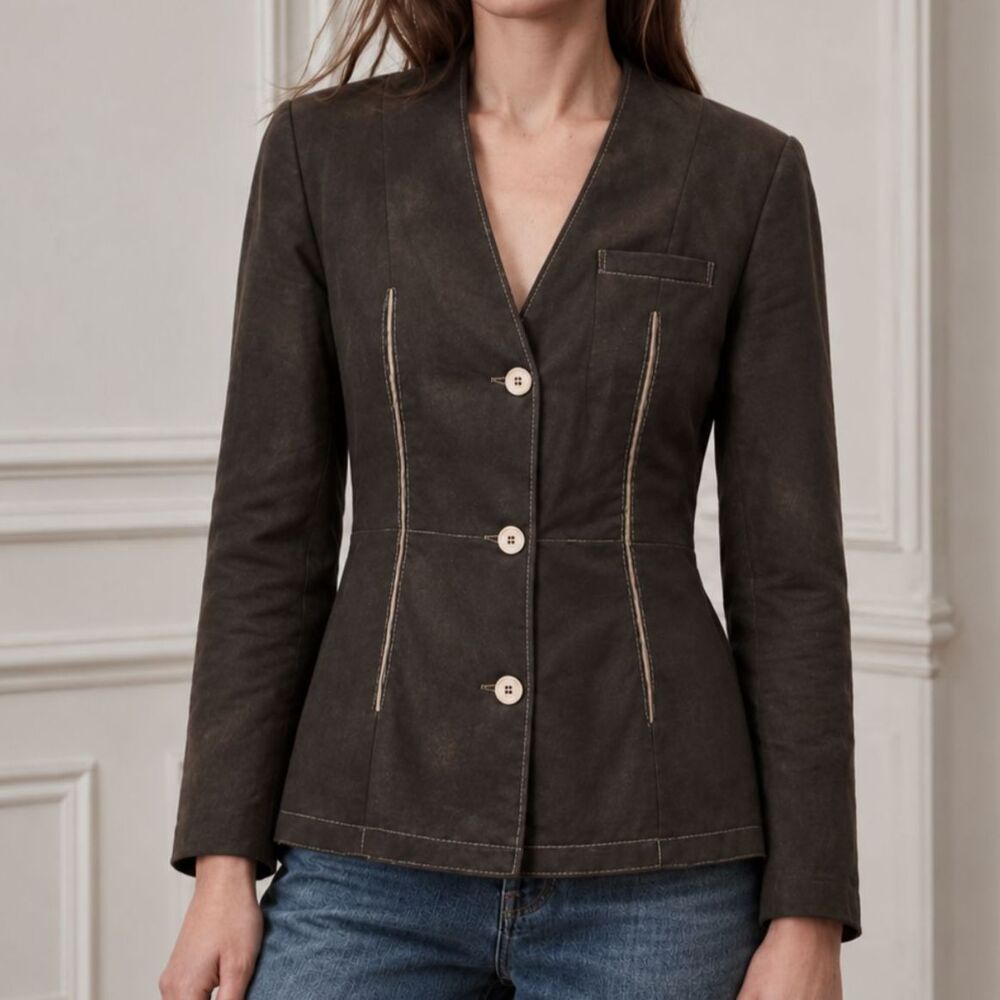 Christian Dior Brown Tailored Blazer Jacket Contrast Stitch Women's 42